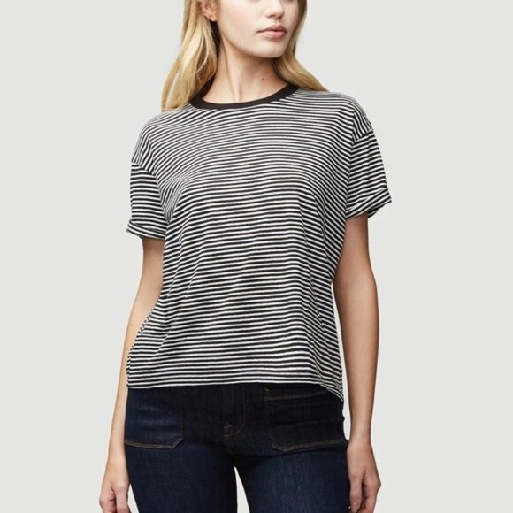 NWT Frame Slouchy Crew Tee M Noir Multi Striped Tshirt Cotton Pinstripe - Picture 1 of 10